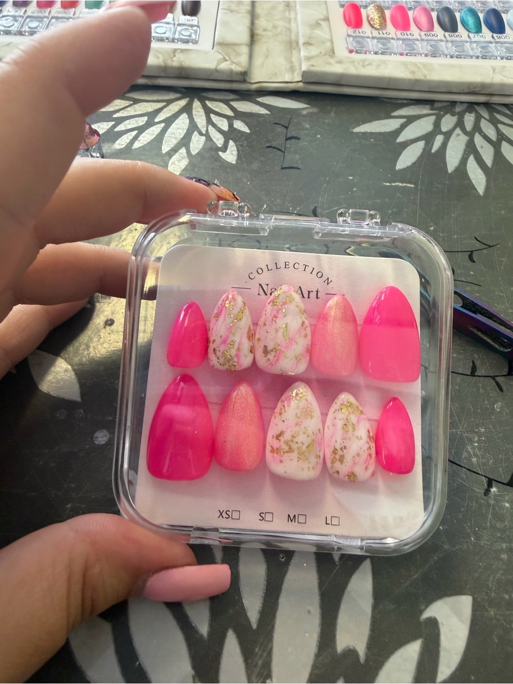 Neon Pink & Marble Press-On Nail Set with Gold Flake Accents